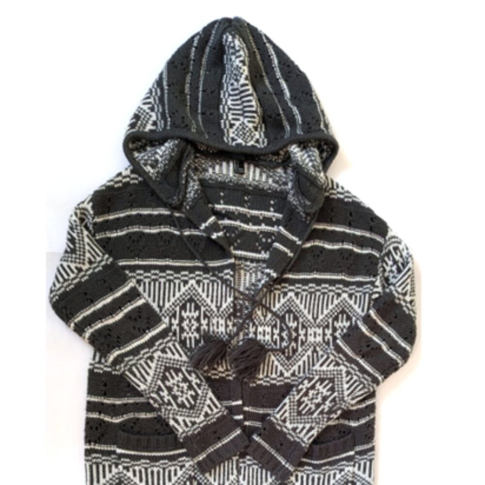 FOREVER 21 Long Knit Sweater Cardigan Jacket with Hood Green/White Size 8 - Picture 5 of 8